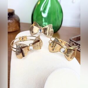 Gold Tone Bow Bangle Bracelets Set Rhinestone Perforated Hinged Cuffs
